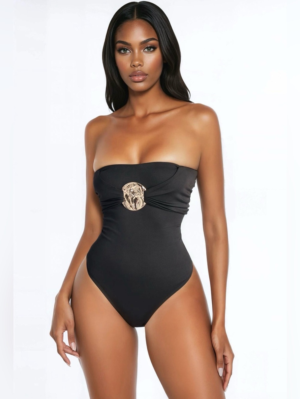 Fashion Nova Gold Hardware Strapless Black One-Piece Swimsuit 🔥